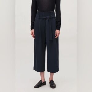COS Black High-Waisted Belted Cropped Trousers Wide Leg Gathered Waist - Size Sm